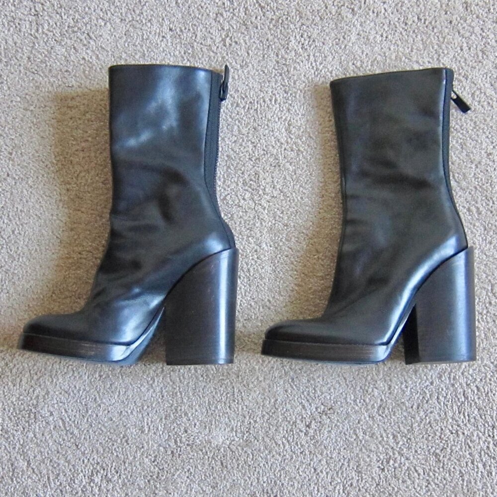 HAIDER ACKERMANN Black Mid Calf Leather Chunky Block Heel Grunge Boots $530